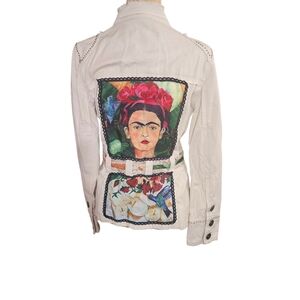Esprit Women's Hand Decorated White Jacket with Frida Kahlo Patch And Seed Beads
